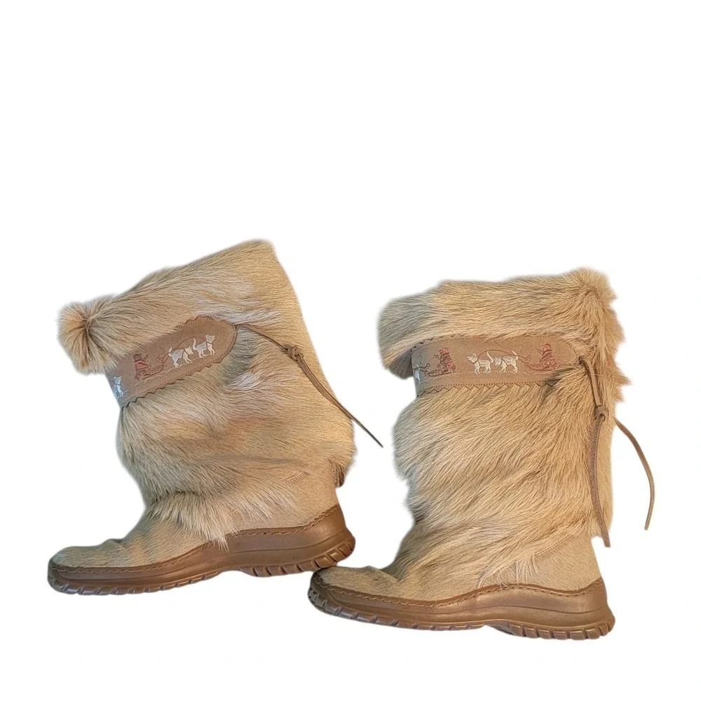 Winna‎ Italian Fur Après Ski Boots Dog Sled Embroidery Tan Leather Womens 41